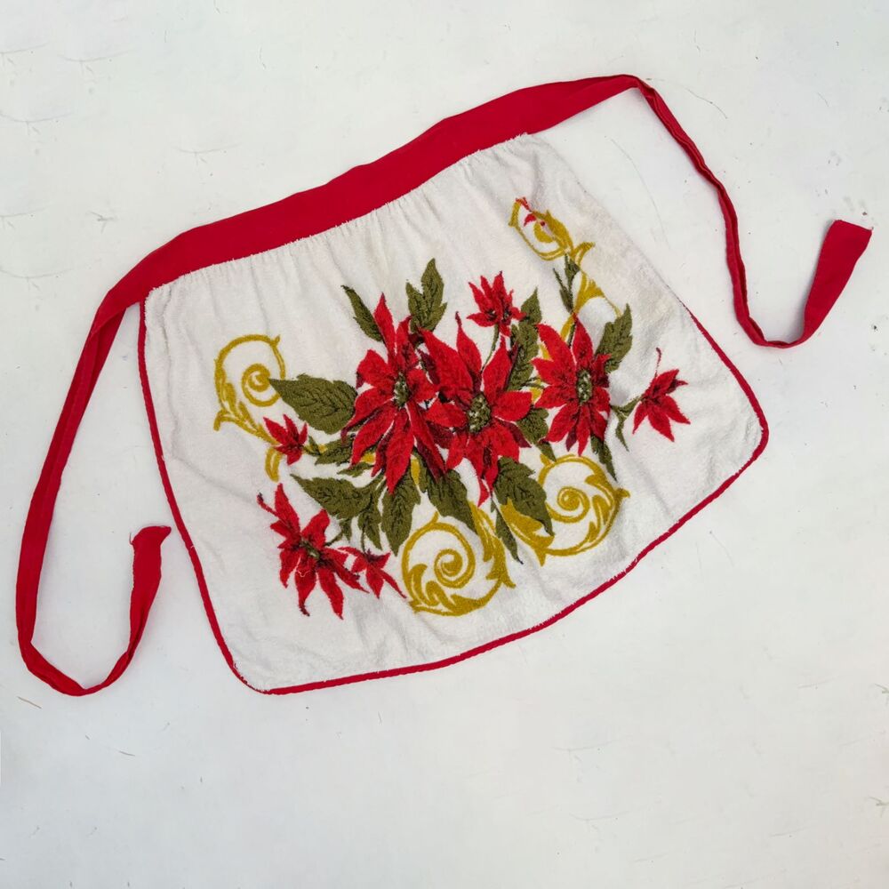 Vintage 70s Christmas Terrycloth Poinsettia Kitchen Apron Holiday Towel Texture